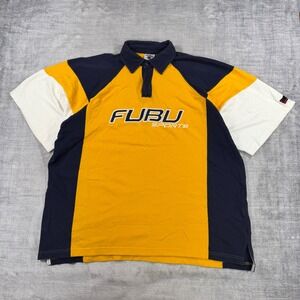 FUBU Sports Shirt Mens 2XL Yellow Navy Vintage Y2K Colorblock Polo Streetwear